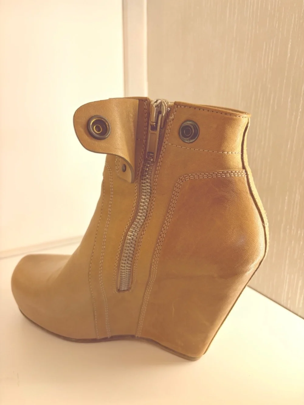 Rick Owens Camel Leather Hidden Wedge Ankle Boots EU 38 Retail $1200